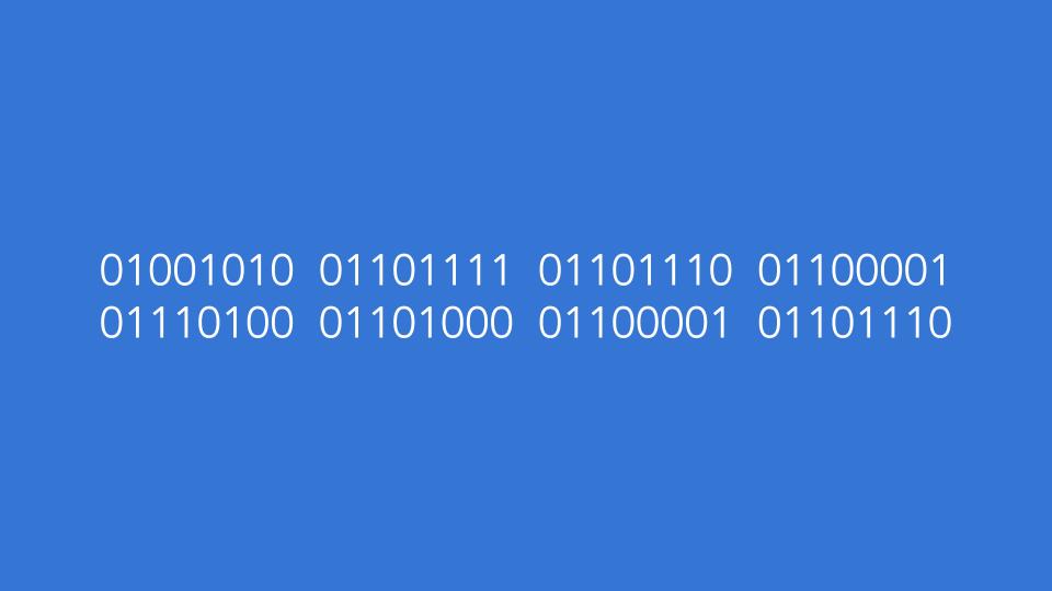 The name Jonathan spelled out using the binary number system in white text on a blue background.