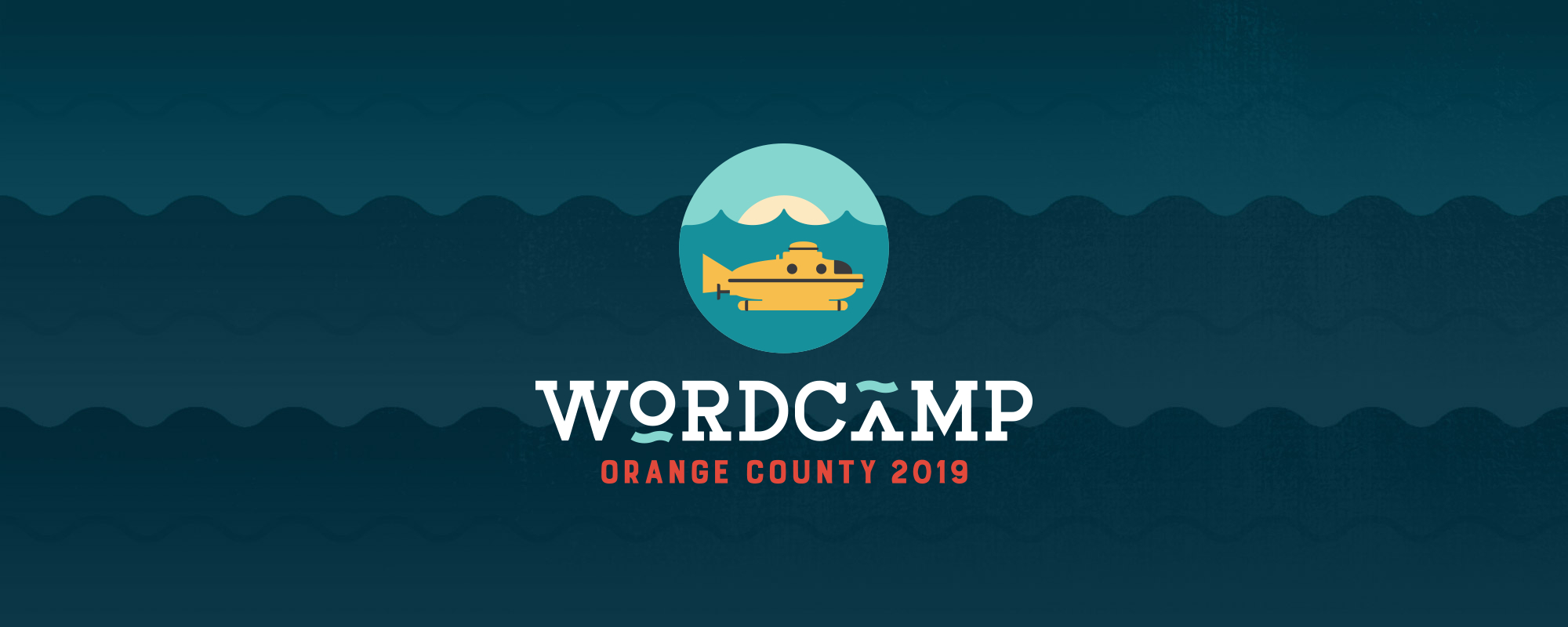 The WordCamp Orange Couny 2019 submarine logo overlaying illustrated waves