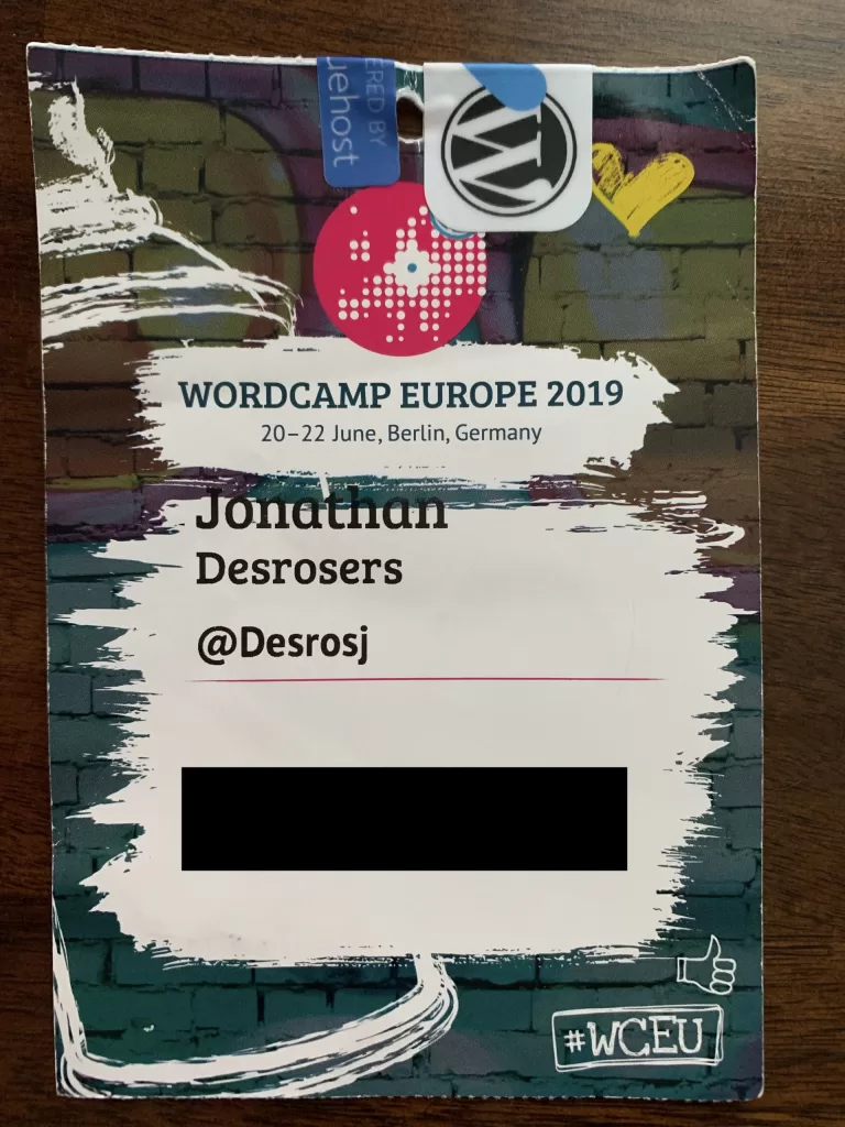 A WordCamp Europe 2019 attendee badge