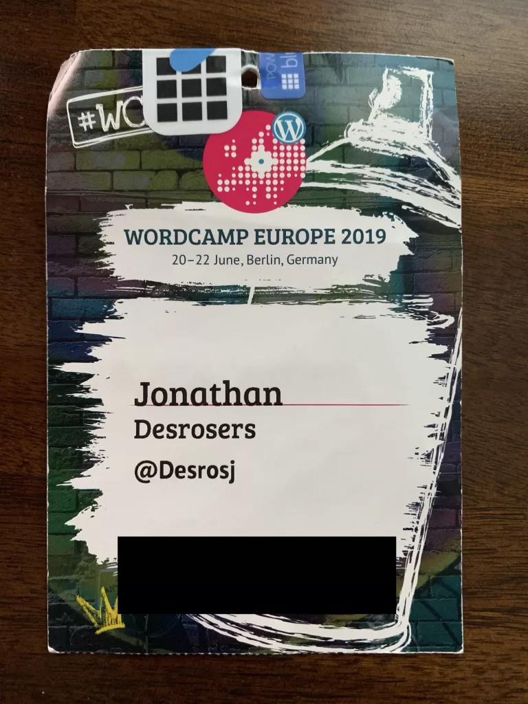A WordCamp Europe 2019 attendee badge