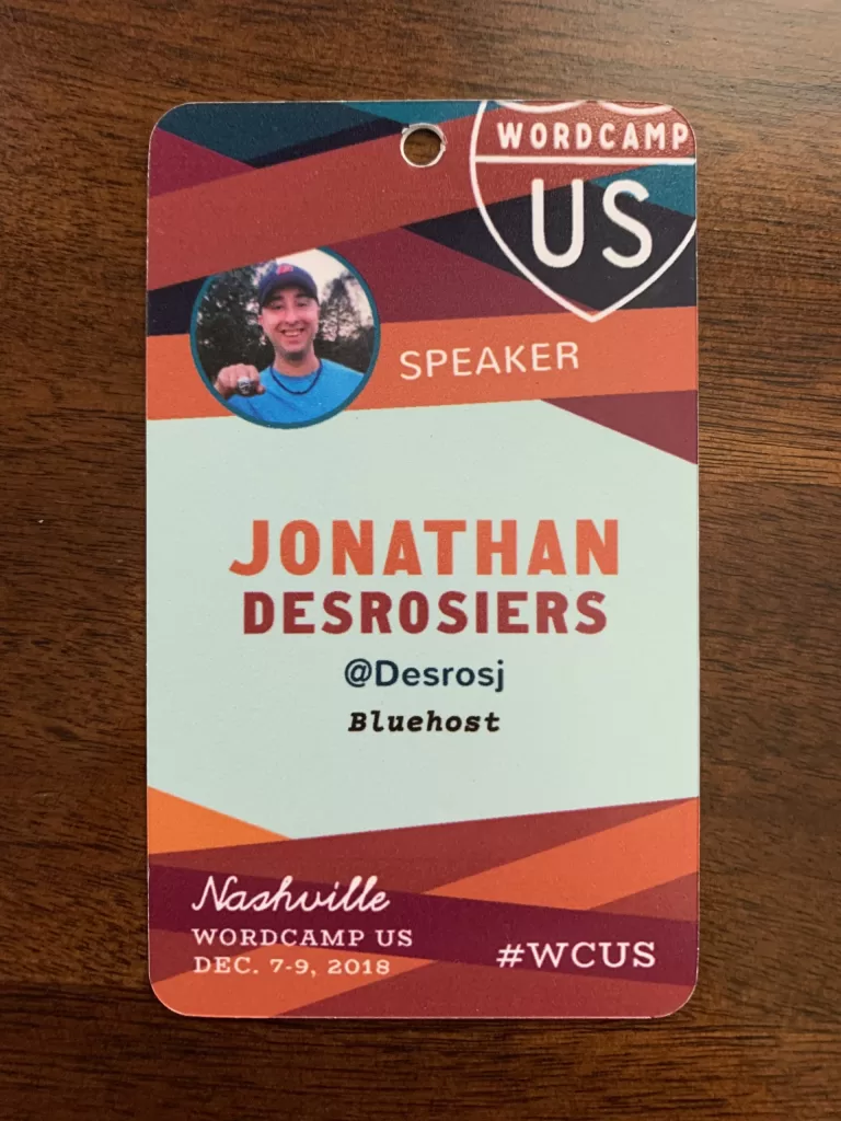 My WordCamp US 2018 speaker badge.