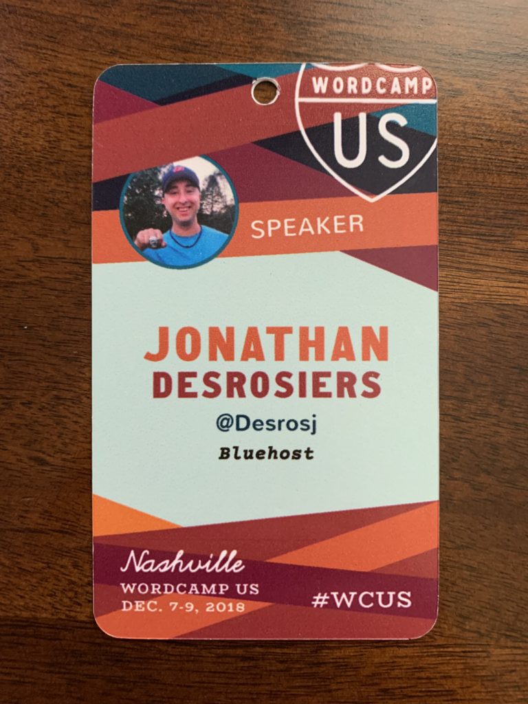 A WordCamp US 2018 speaker badge