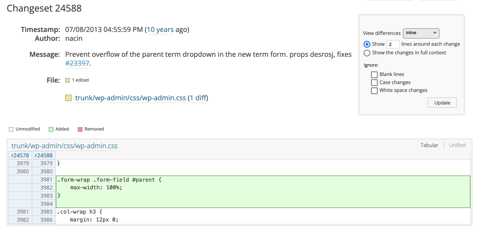 A screenshot of a develop WordPress subversion repository changeset.