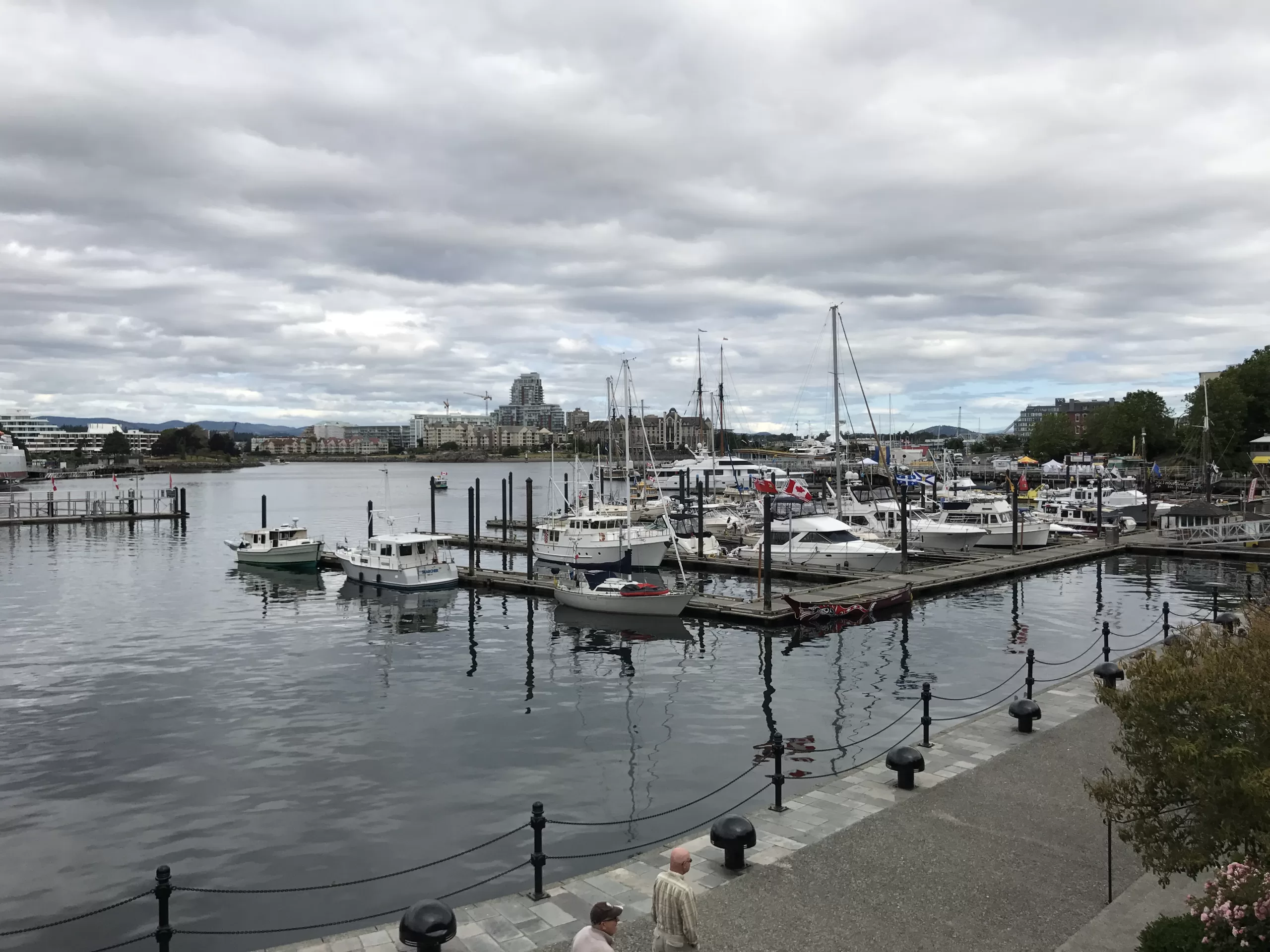 Some docks with boats attached in Victoria Harbour on an overcast day.