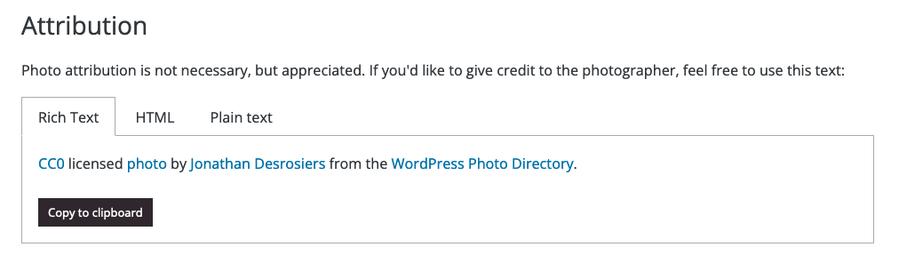 A screen shot of the Attribution section for an image in the WordPress Photo Directory.