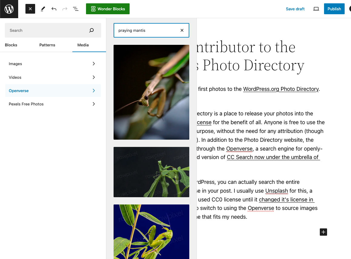 The interface for inserting media from the Openverse into the WordPress block editor using the block inserter UI while editing this post. The Openverse option under the Media tab is selected, and "praying mantis" is typed into the search bar. Three images of praying mantises are shown as search results.