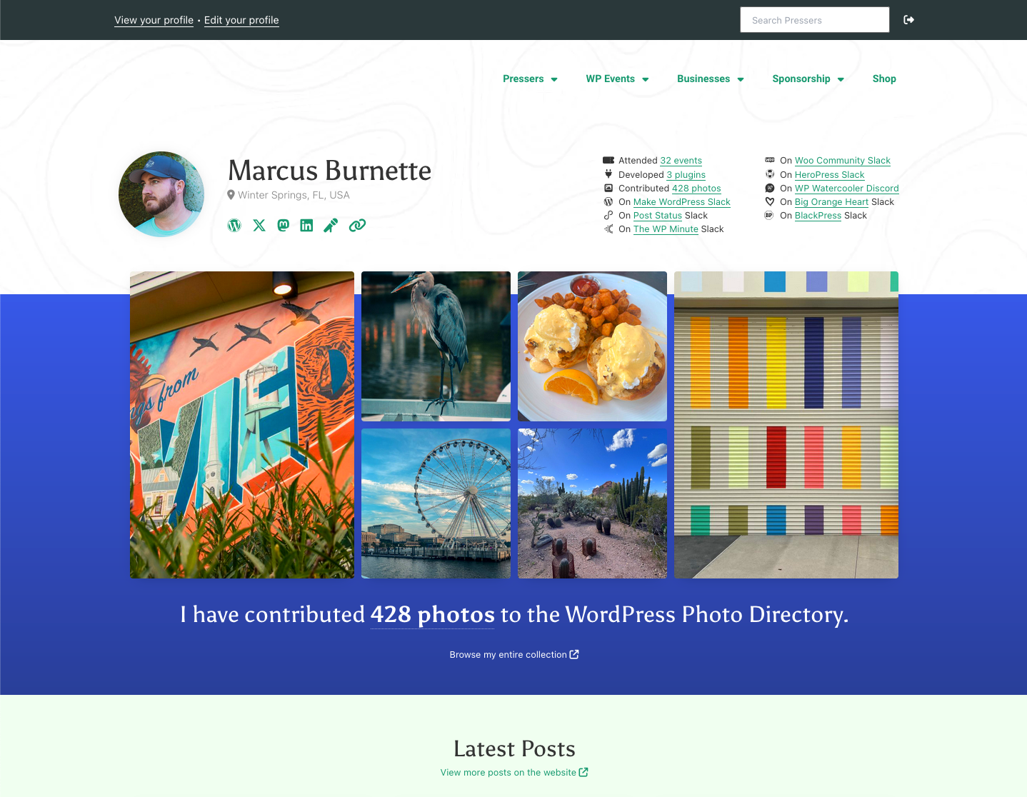 A screenshot of Marcus Burnette's profile on the WP World website. The top section lists his social networks and how you can reach out to him. The middle section has a mosaic of photos that he has submitted to the WordPress Photo Directory. The bottom section is cropped out and only the title is visible, which reads "Latest Posts".