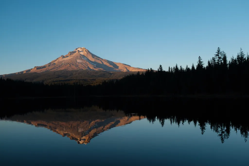 Mountain view and reflection over a lake.