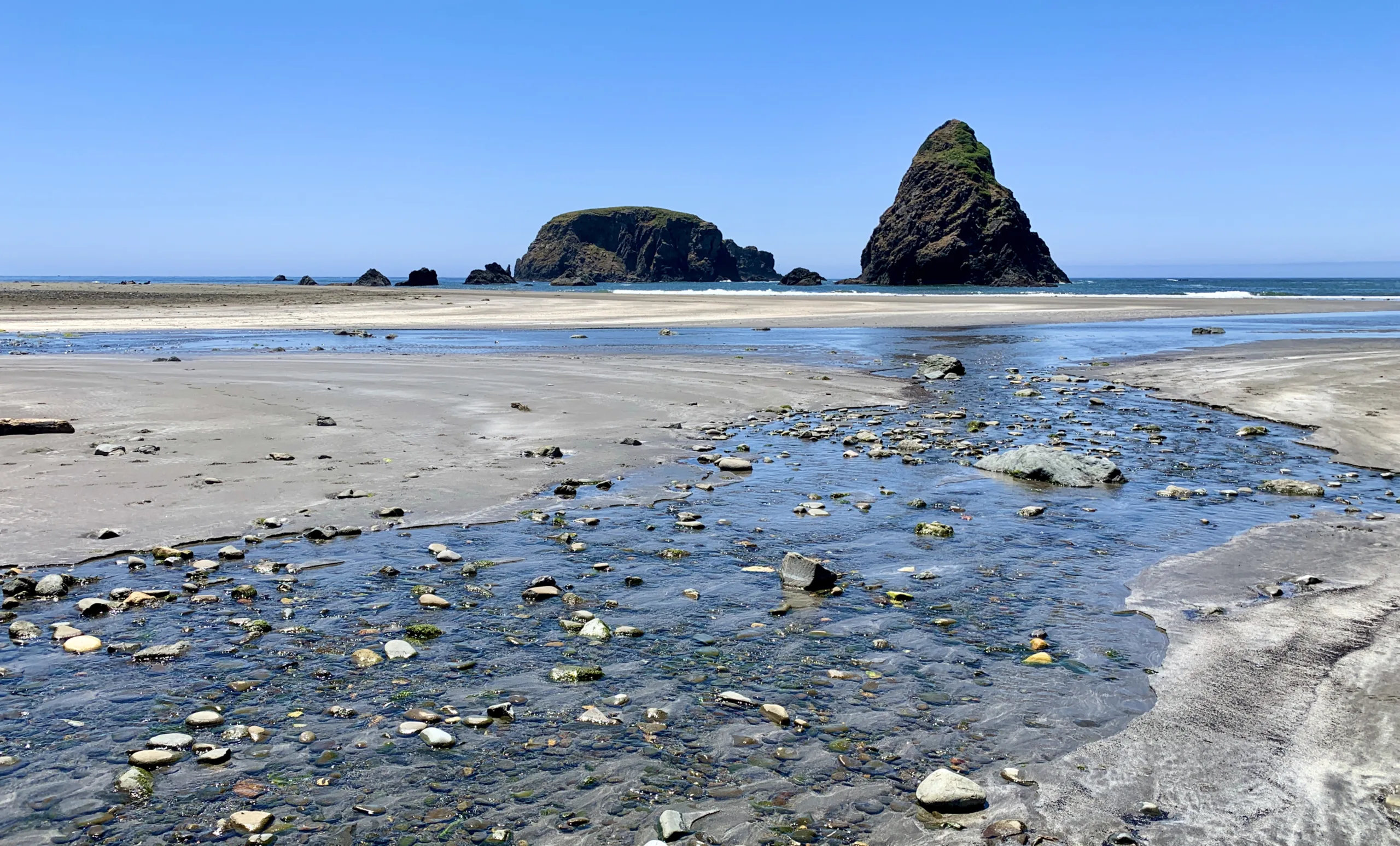 Oregon Beach With Creek Terminus And Sea Stacks