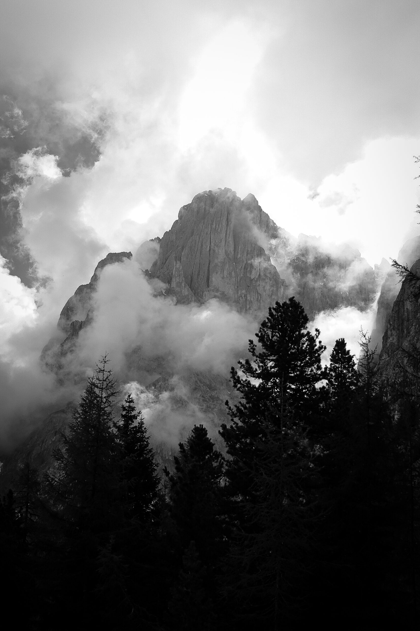 Black and white of the top of a mountain sticking out over thick forest trees and surrounded by clouds.
