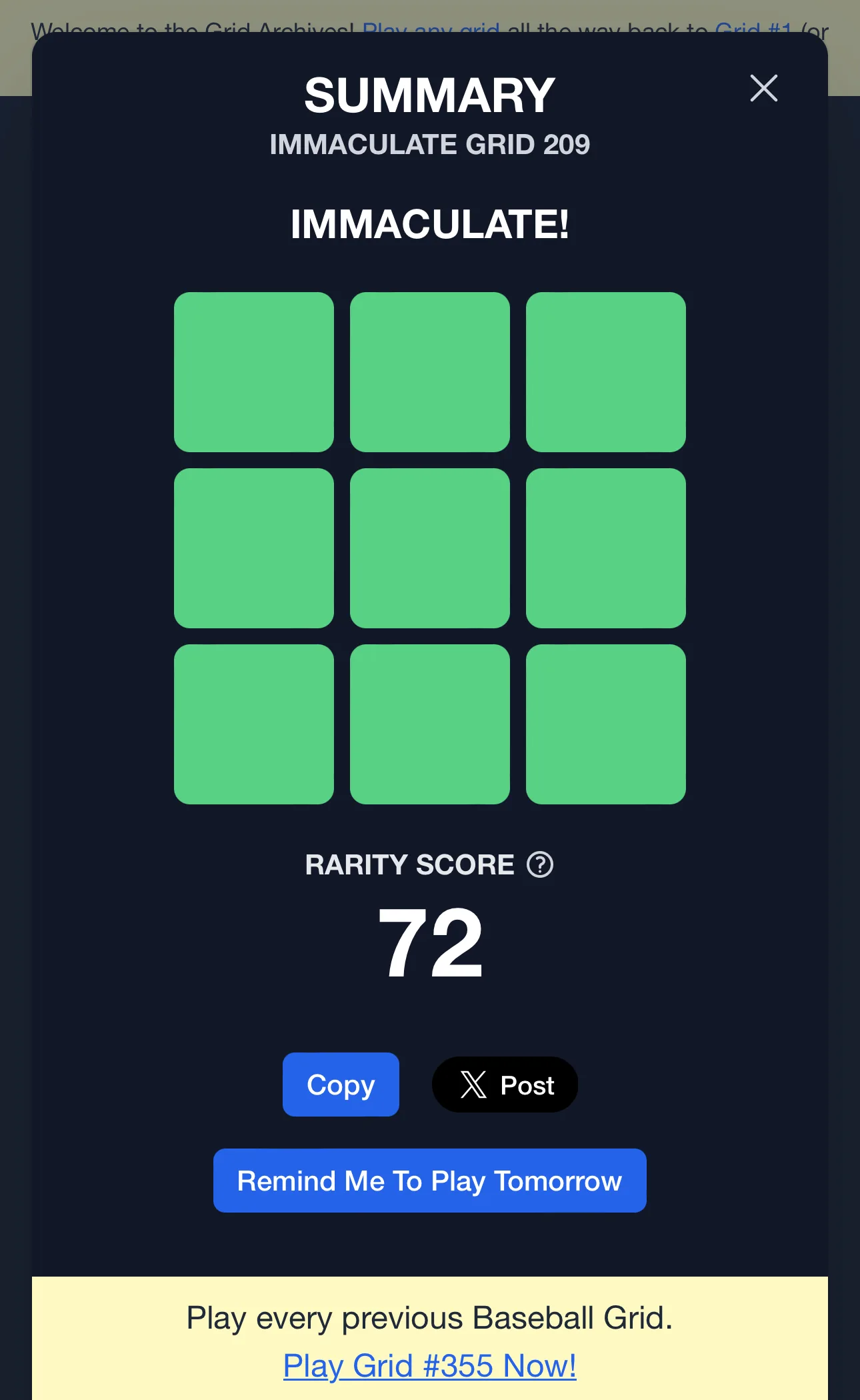 A completed Immaculate Grid #209 with a 72 rarity score.