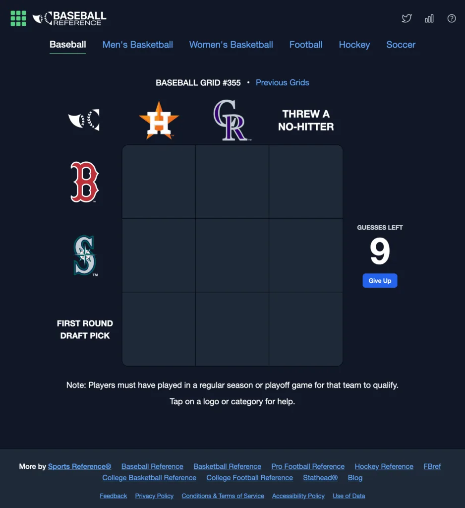 A screenshot of Immaculate Grid #355. The top lists Houston Astros, Colorado Rockies, and "Threw a no hitter". The left side lists Boston Red Sox, Seattle Mariners, and "First round draft pick".