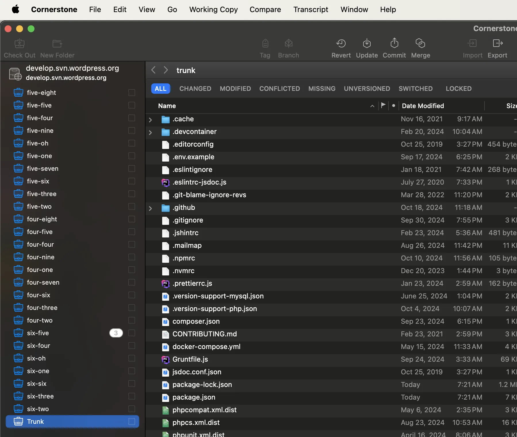 A screen shot of the Cornerstone app's UI with a develop.svn.wordpress.org local checkout listed for every branch of WordPress that could potentially receive a security update.