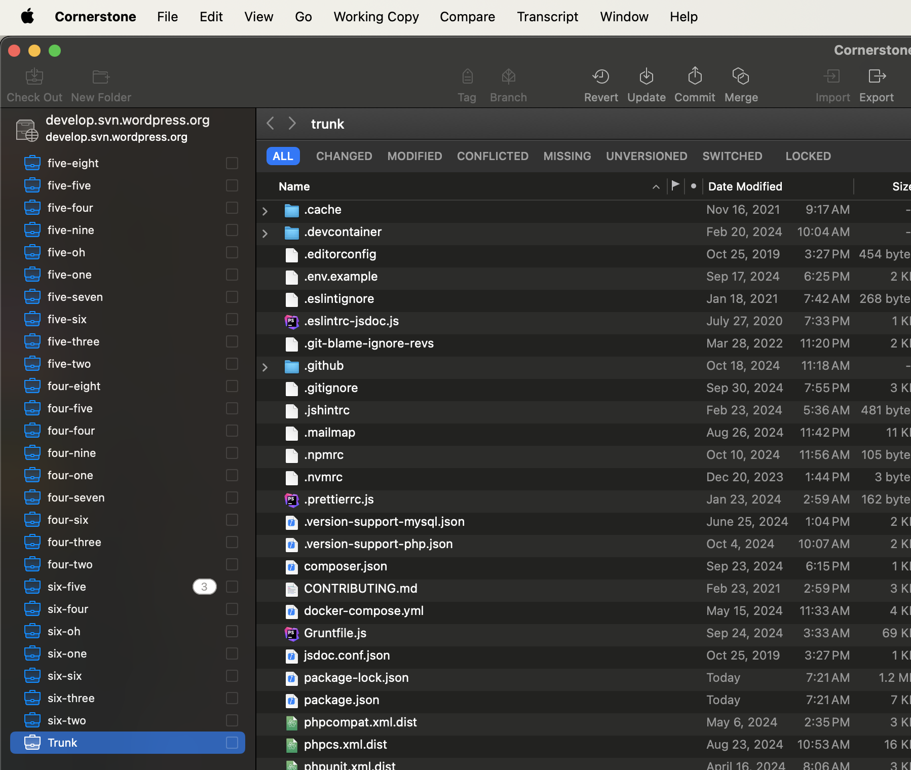 A screen shot of the Cornerstone app's UI with a develop.svn.wordpress.org local checkout listed for every branch of WordPress that could potentially receive a security update.