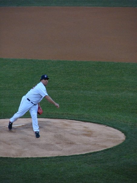 Bartolo Colón warming up before the 2008 season opener at McCoy Stadium.