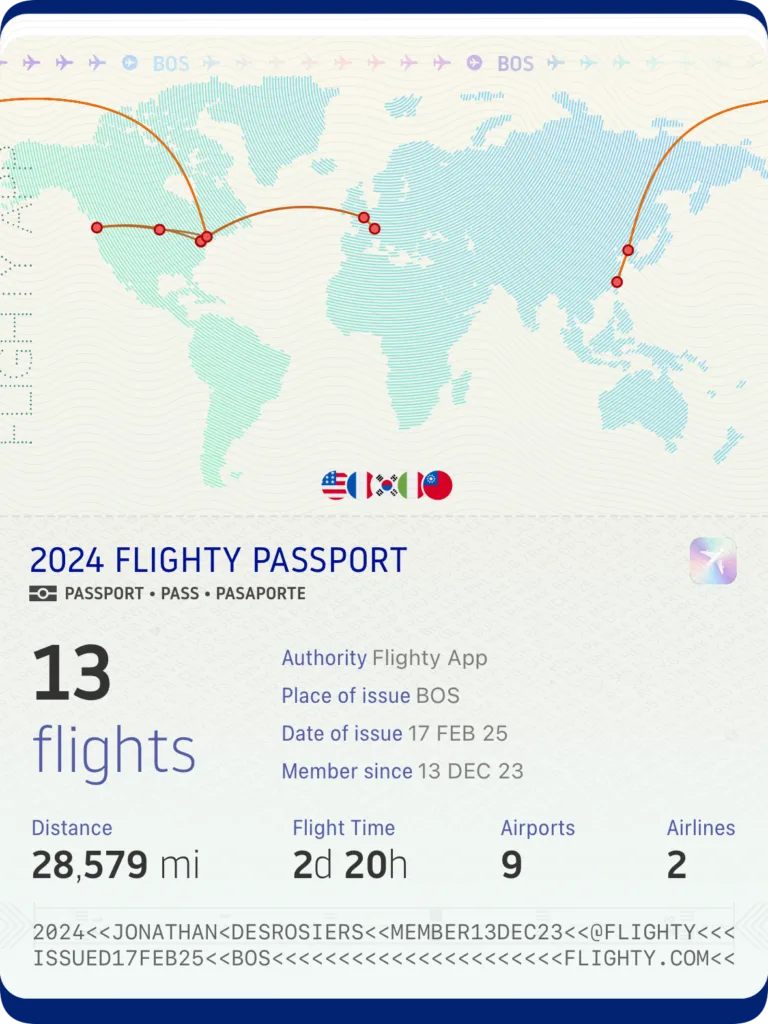 A screenshot of a makeshift passport from the flighty app showing statistics and flight paths for 13 flights during 2024.