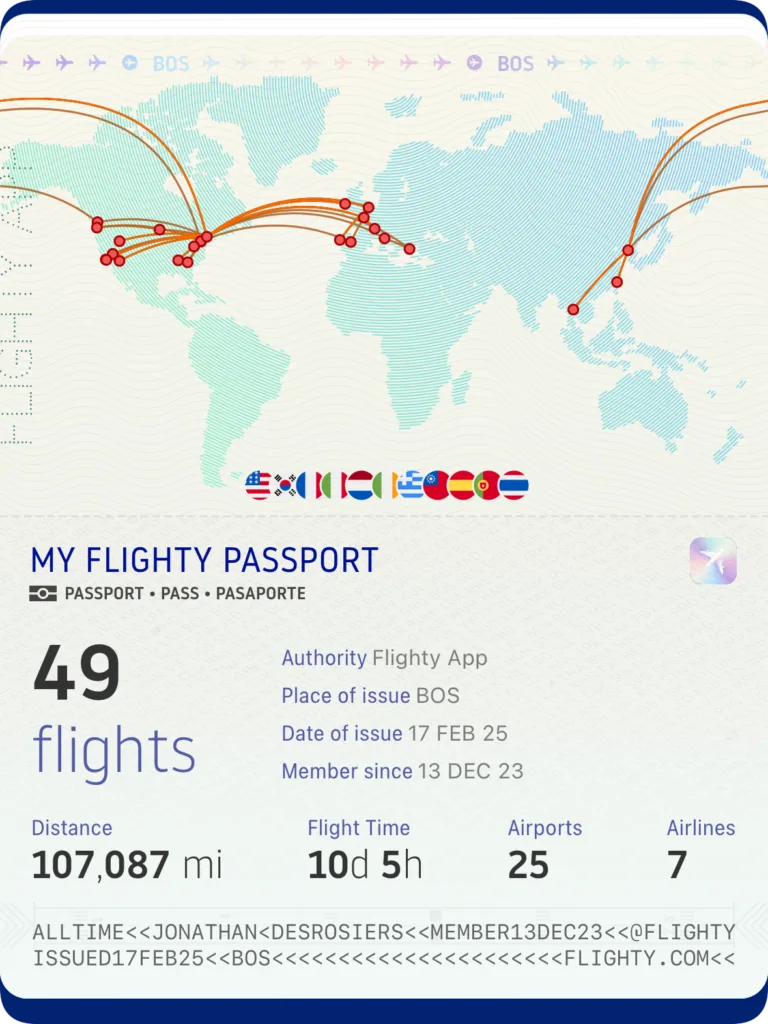 A screenshot of a makeshift passport from the flighty app showing statistics and flight paths for 49 flights.