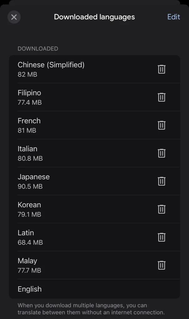 A screenshot of the Downloaded Languages screen in Google Translate. Several languages are downloaded for use offline, including Chinese (Simplified), Filipino, French, Korean, and Japanese.