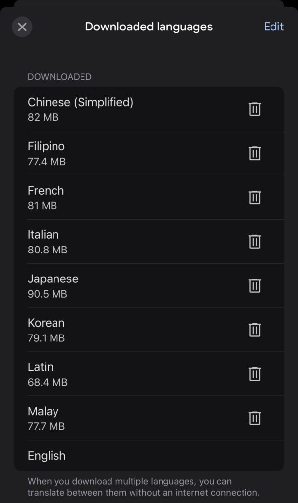 A screenshot of the Downloaded Languages screen in Google Translate. Several languages are downloaded for use offline, including Chinese (Simplified), Filipino, French, Korean, and Japanese.