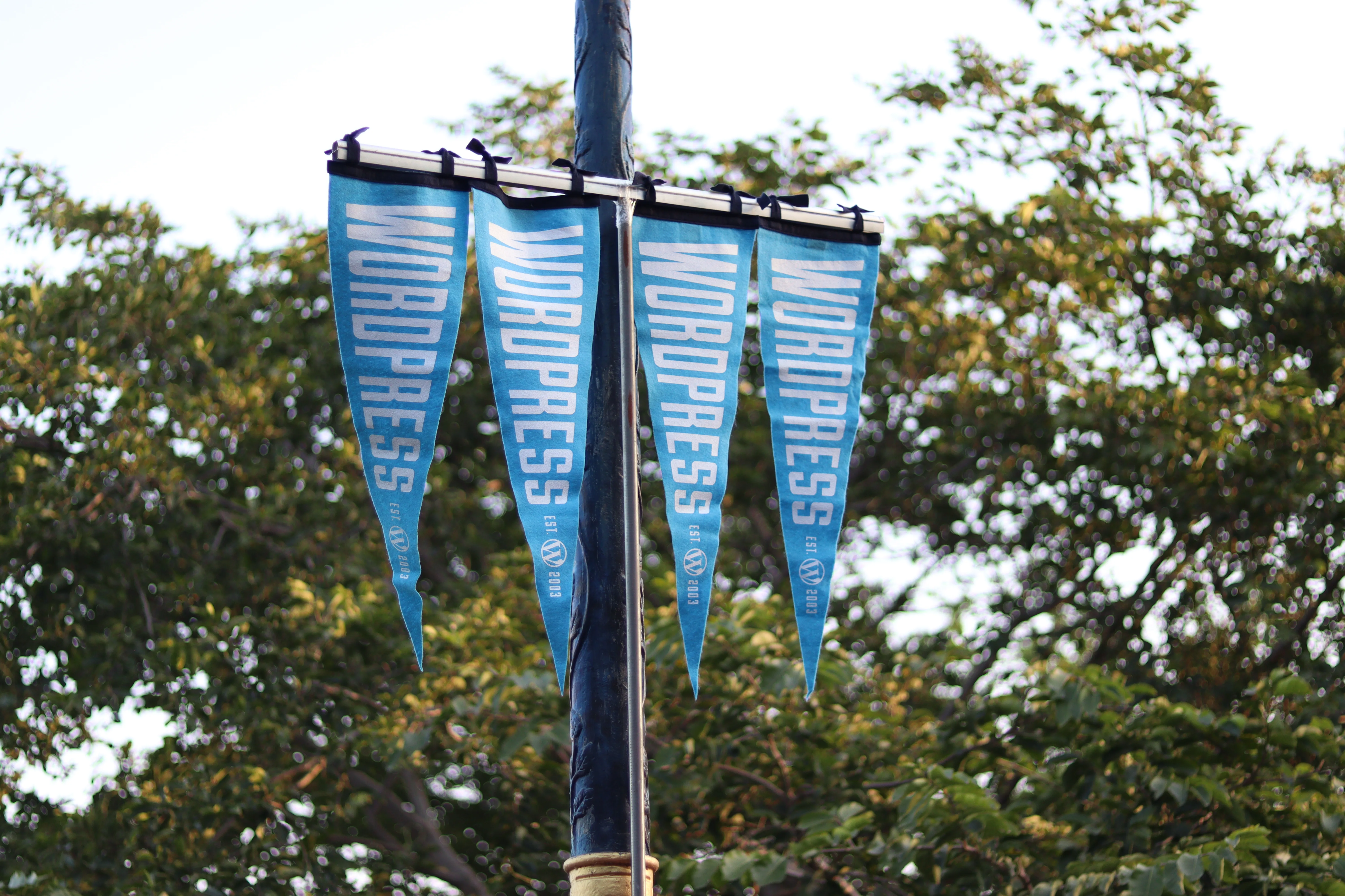 Blue WordPress Flags on a light post at WordCamp Bhopal with green trees in the background.